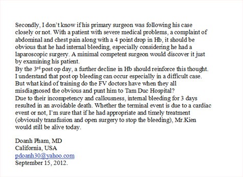 Một đoạn trong bức thư của bác sỹ Doanh Pham gửi về từ California, USA.
